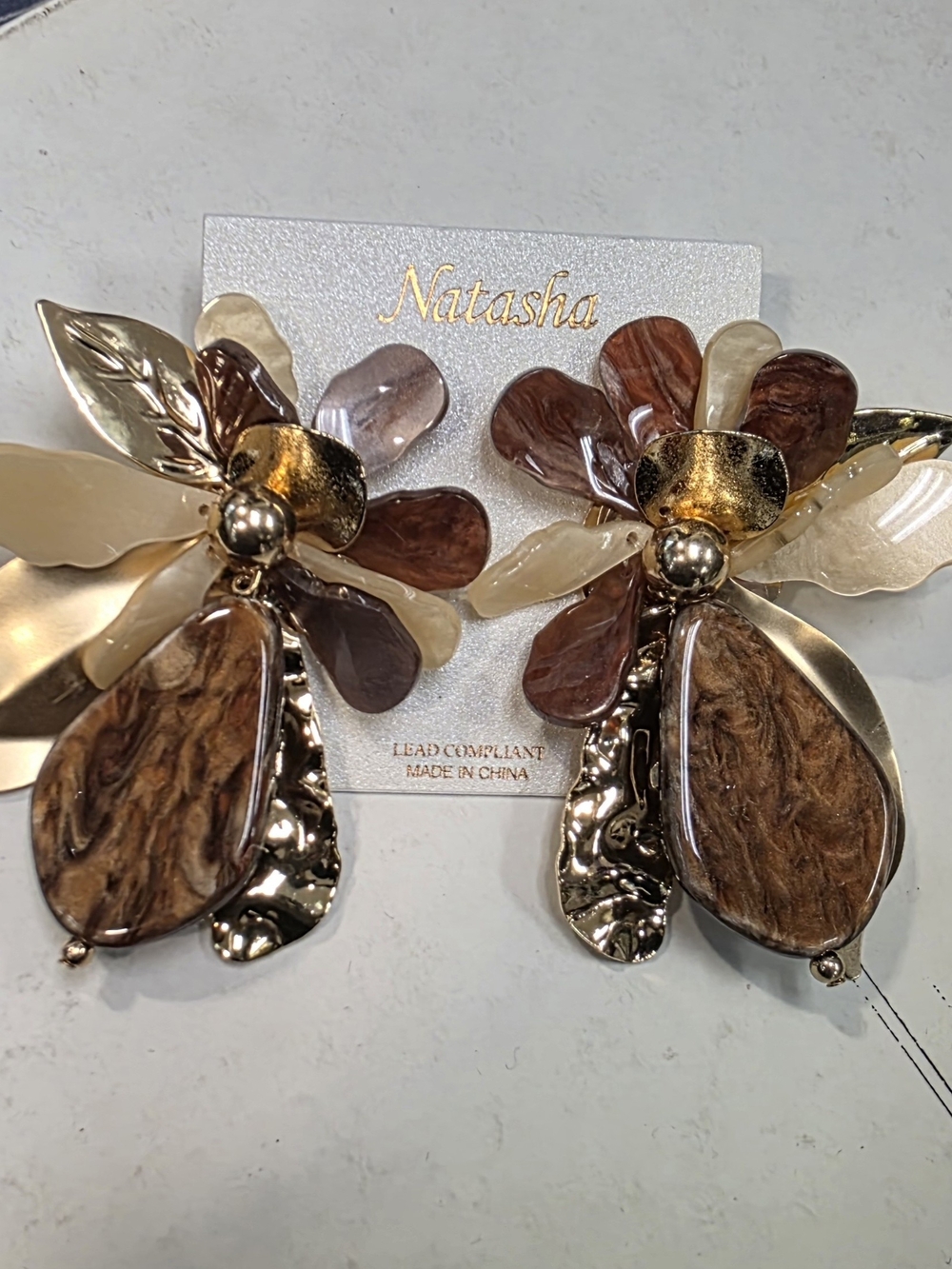 Natasha Couture Gold & Brown Floral Drop Earrings